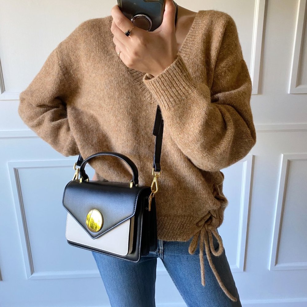 The June Genuine Leather Satchel - Black/White - Picture 9 of 13